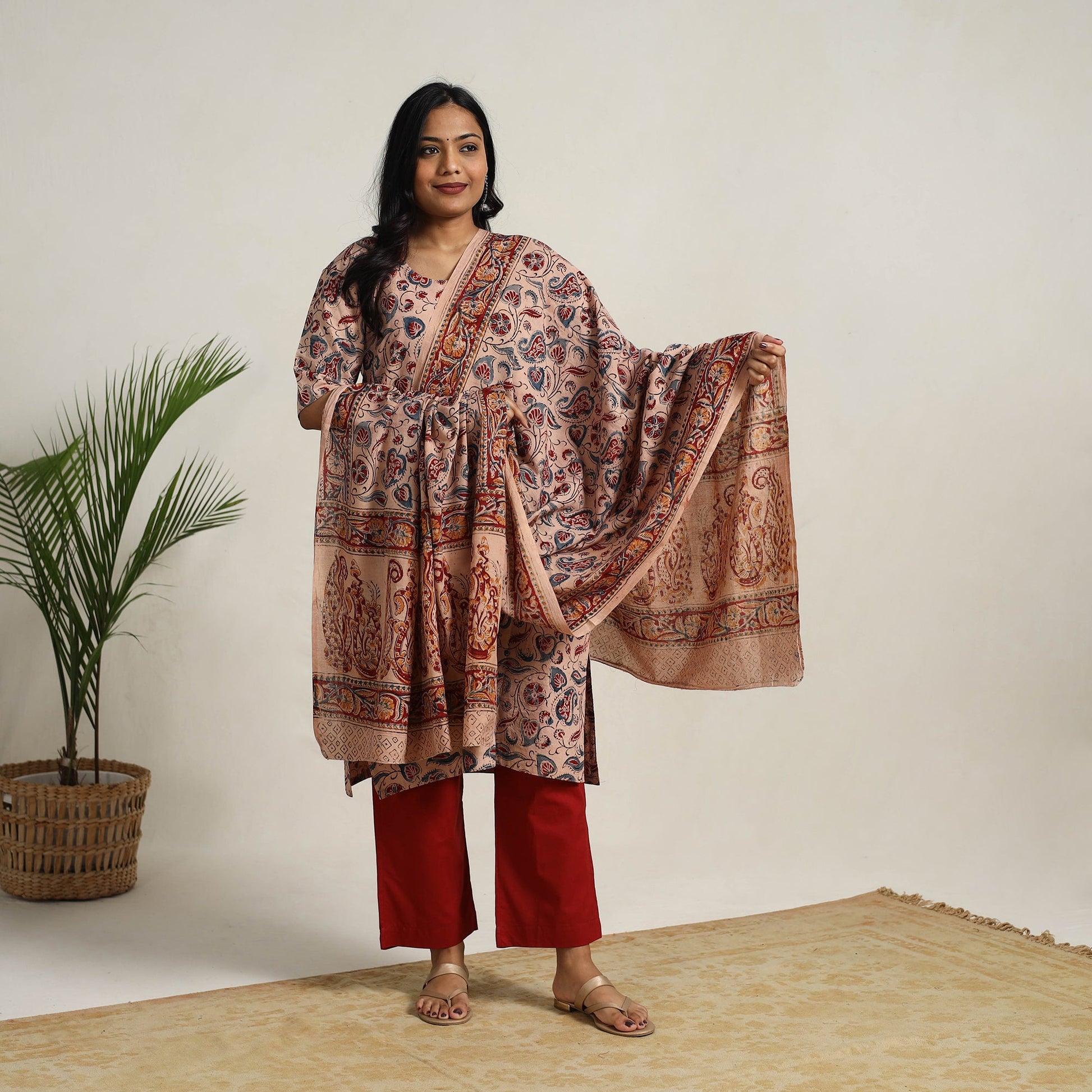Beige - Block Printed Cotton Kalamkari Kurta Set 09
