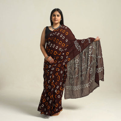 Brown - Kutch Bandhani Tie-Dye Cotton Saree with Blouse Piece