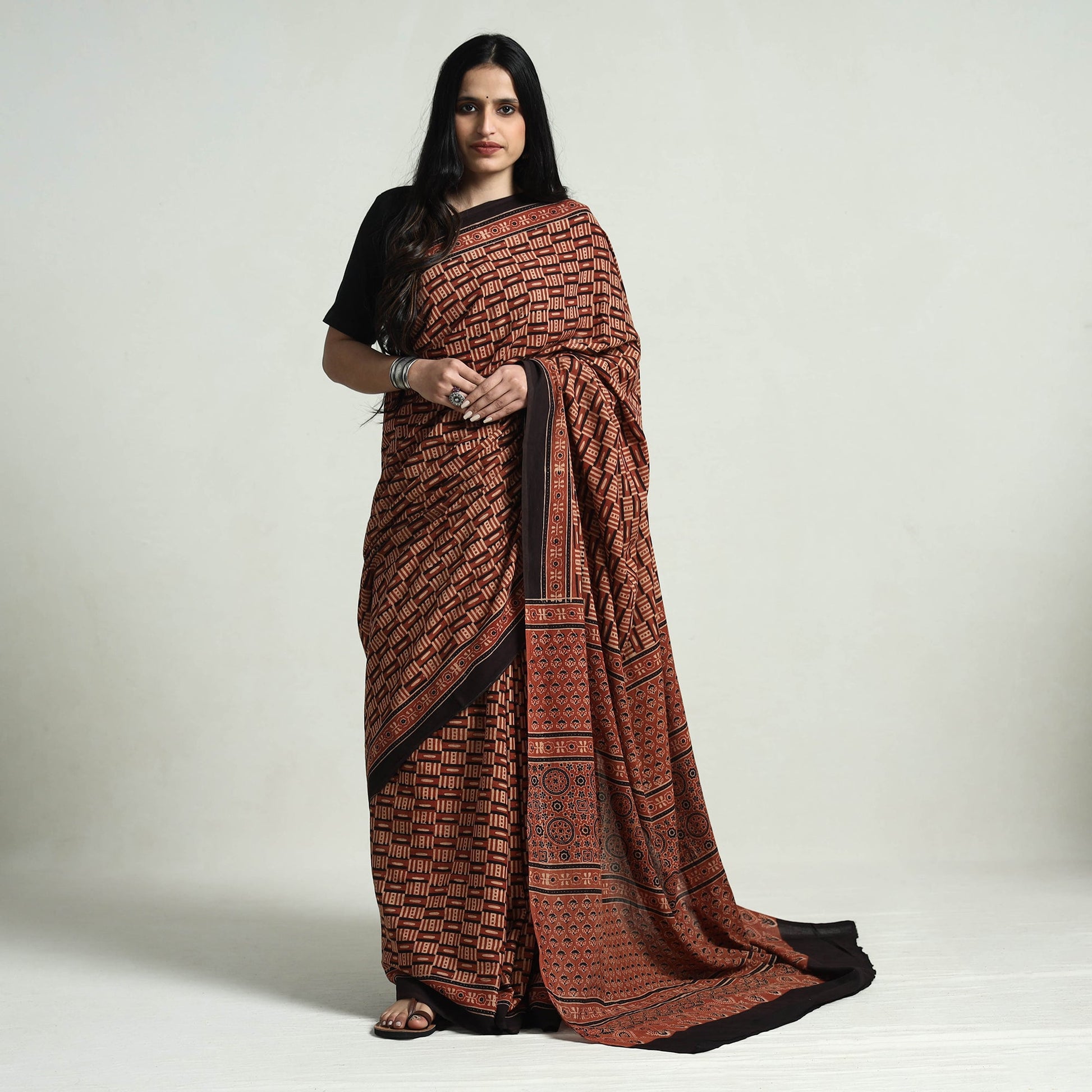 Brown - Natural Dyed Hand Block Print Cotton Ajrakh Saree