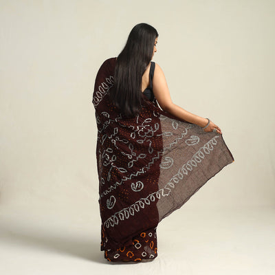 Brown - Kutch Bandhani Tie-Dye Cotton Saree with Blouse Piece