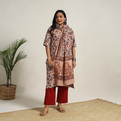 Beige - Block Printed Cotton Kalamkari Kurta Set 09