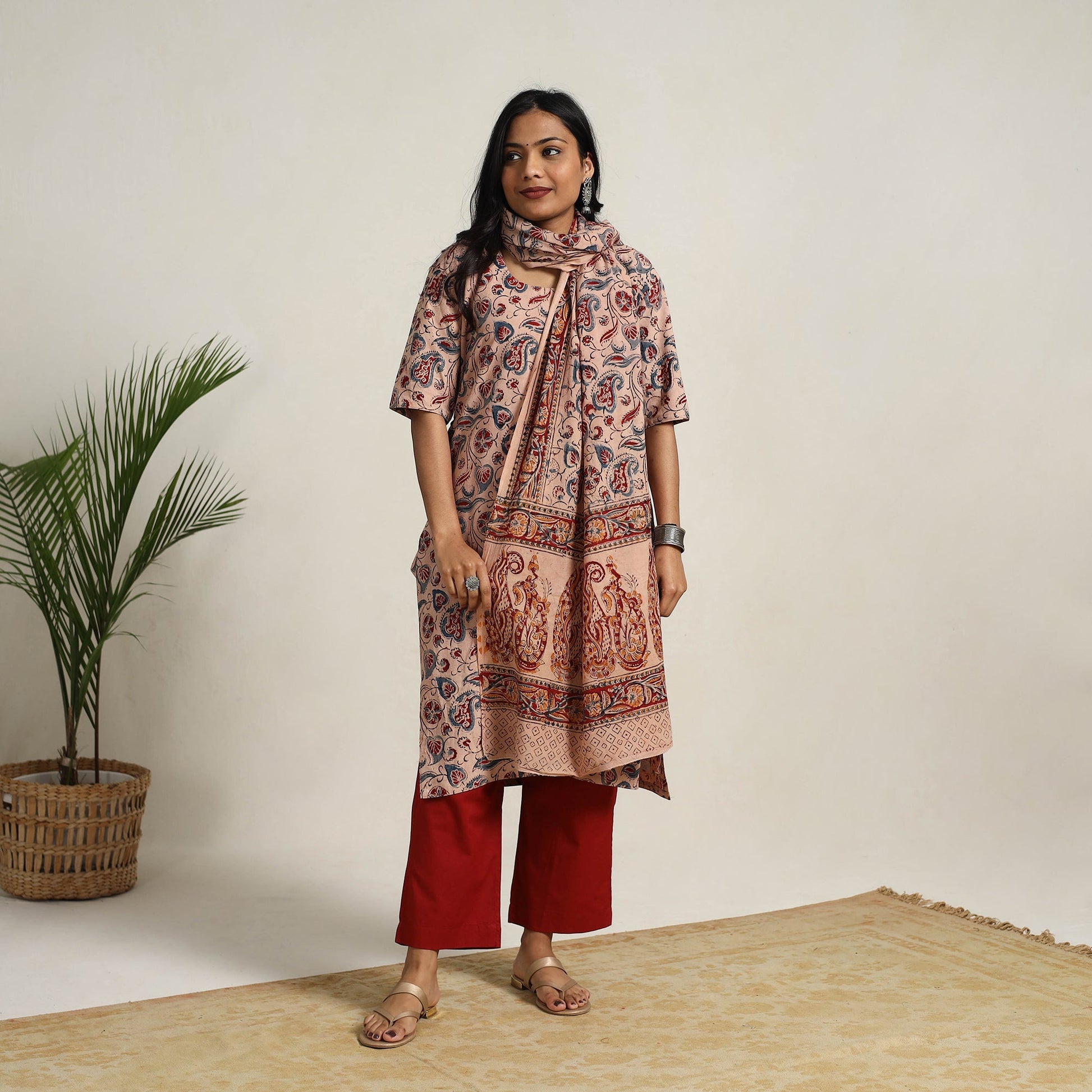 Beige - Block Printed Cotton Kalamkari Kurta Set 09