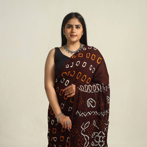Brown - Kutch Bandhani Tie-Dye Cotton Saree with Blouse Piece