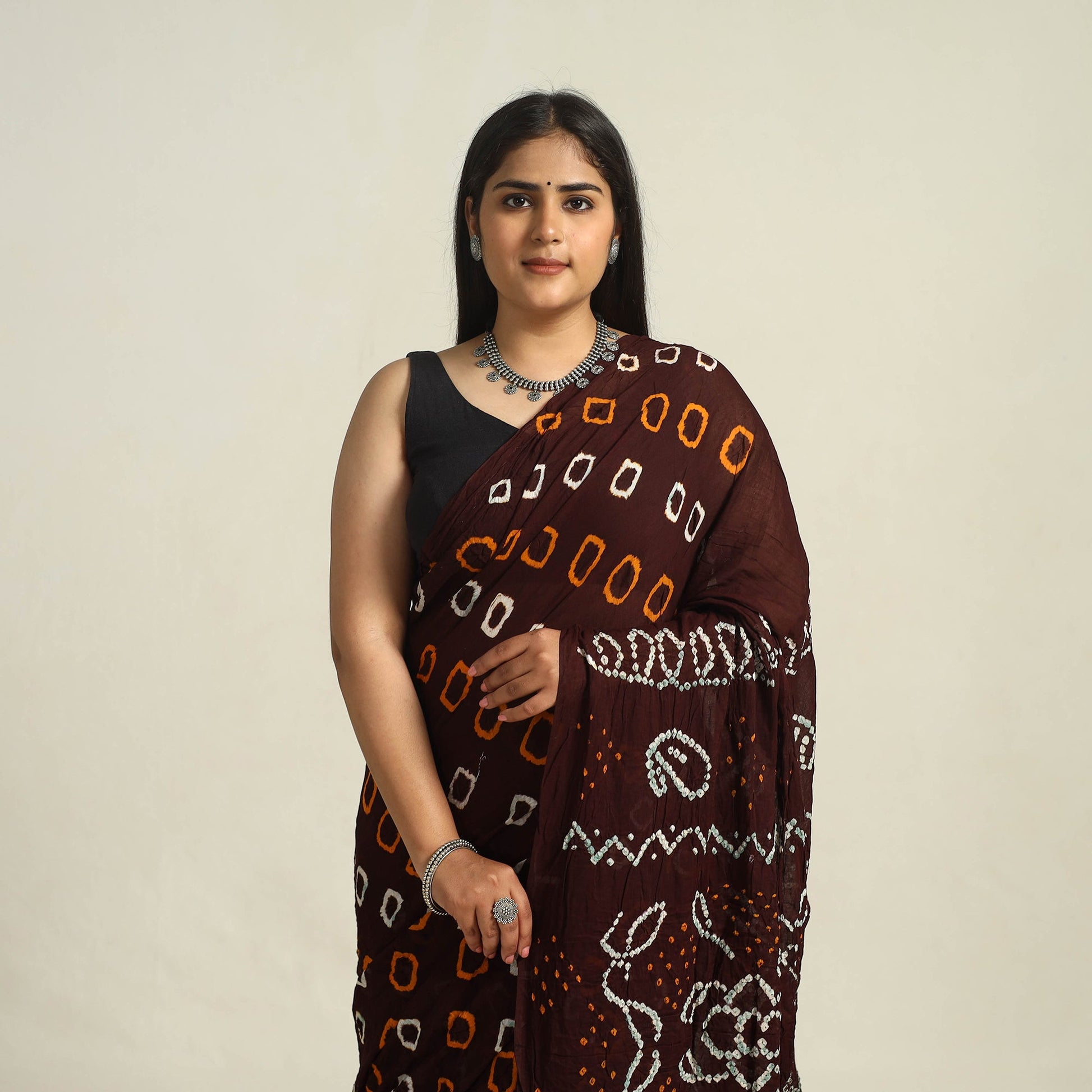 Brown - Kutch Bandhani Tie-Dye Cotton Saree with Blouse Piece