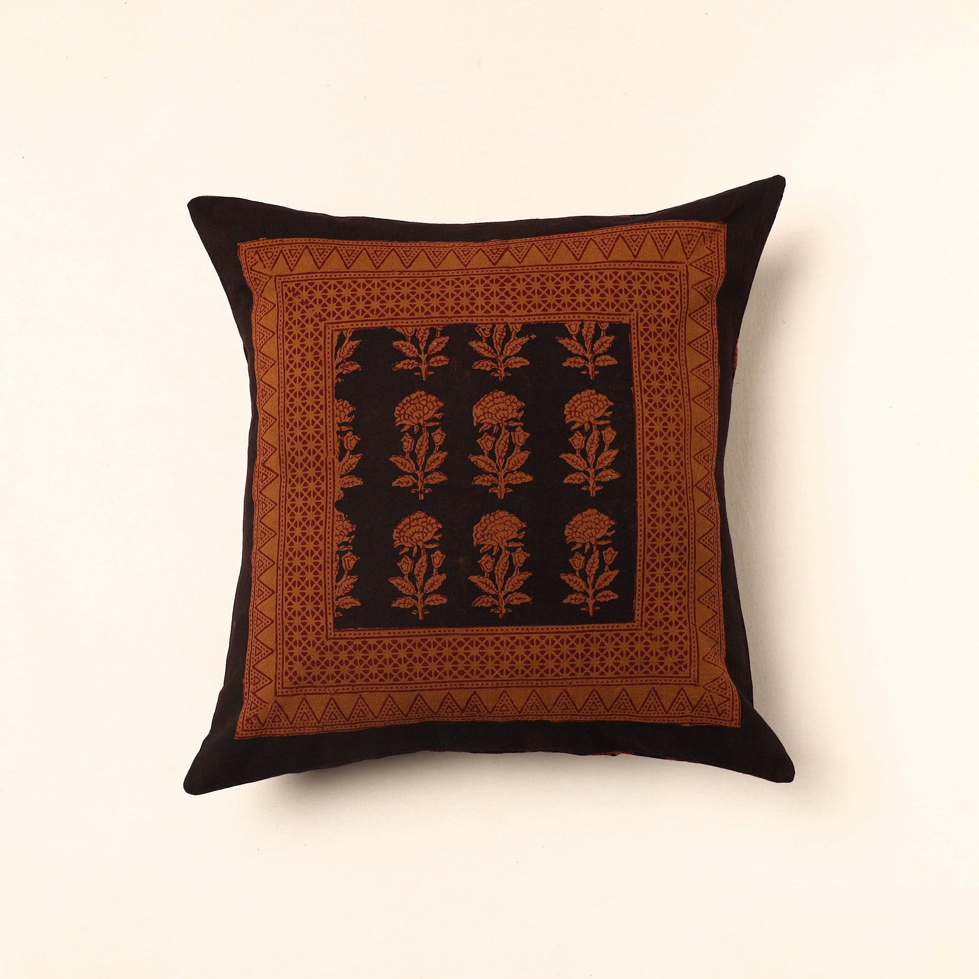 Brown - Bagh Block Printed Cotton Cushion Cover (16 x 16 in) 42