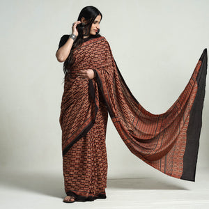 Brown - Natural Dyed Hand Block Print Cotton Ajrakh Saree