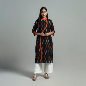 Black - Angrakha Cotton Straight Pochampally Ikat Kurta 13