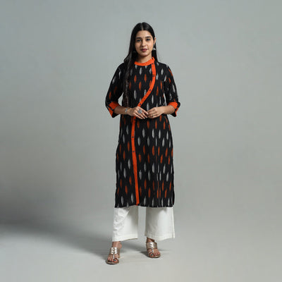Black - Angrakha Cotton Straight Pochampally Ikat Kurta 13