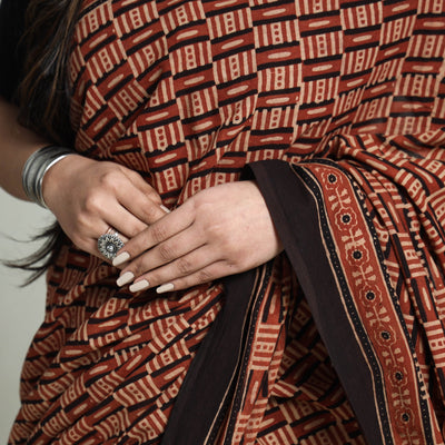 Brown - Natural Dyed Hand Block Print Cotton Ajrakh Saree