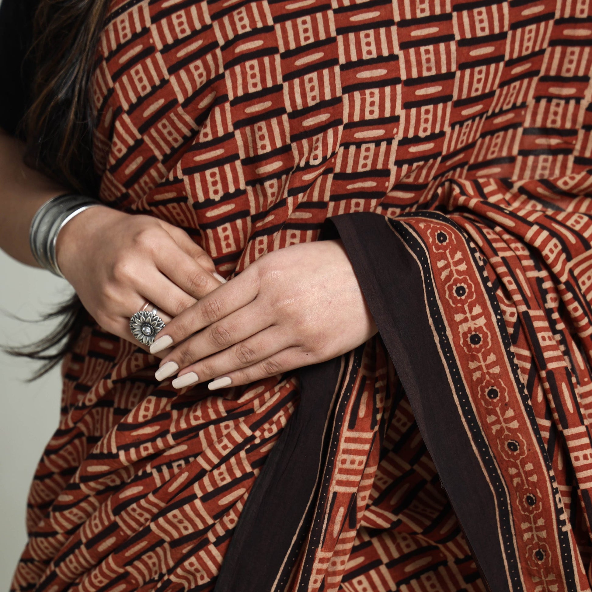 Brown - Natural Dyed Hand Block Print Cotton Ajrakh Saree