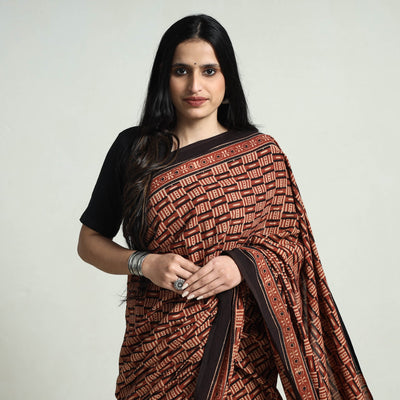 Brown - Natural Dyed Hand Block Print Cotton Ajrakh Saree