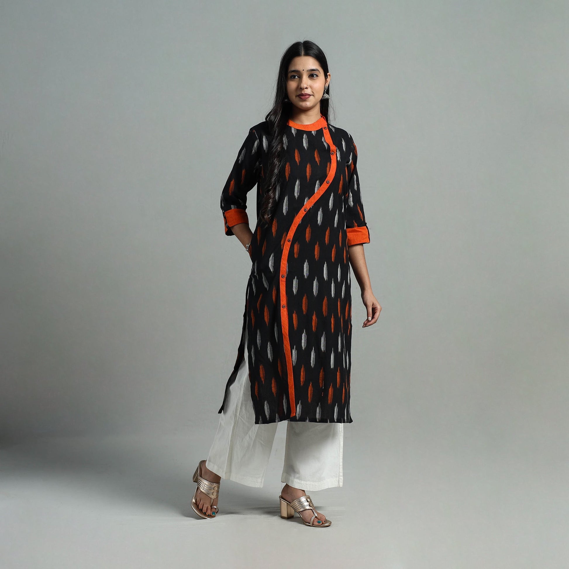 Black - Angrakha Cotton Straight Pochampally Ikat Kurta 13