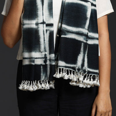 Black - Kutch Handwoven Clamp Dyed Shibori Silk x Wool Stole with Tassels