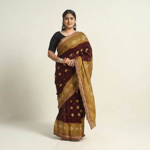 Brown - Kutch Tie-Dye Cotton Bandhani Saree with Blouse Piece 08