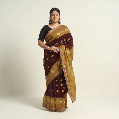 Brown - Kutch Tie-Dye Cotton Bandhani Saree with Blouse Piece 08