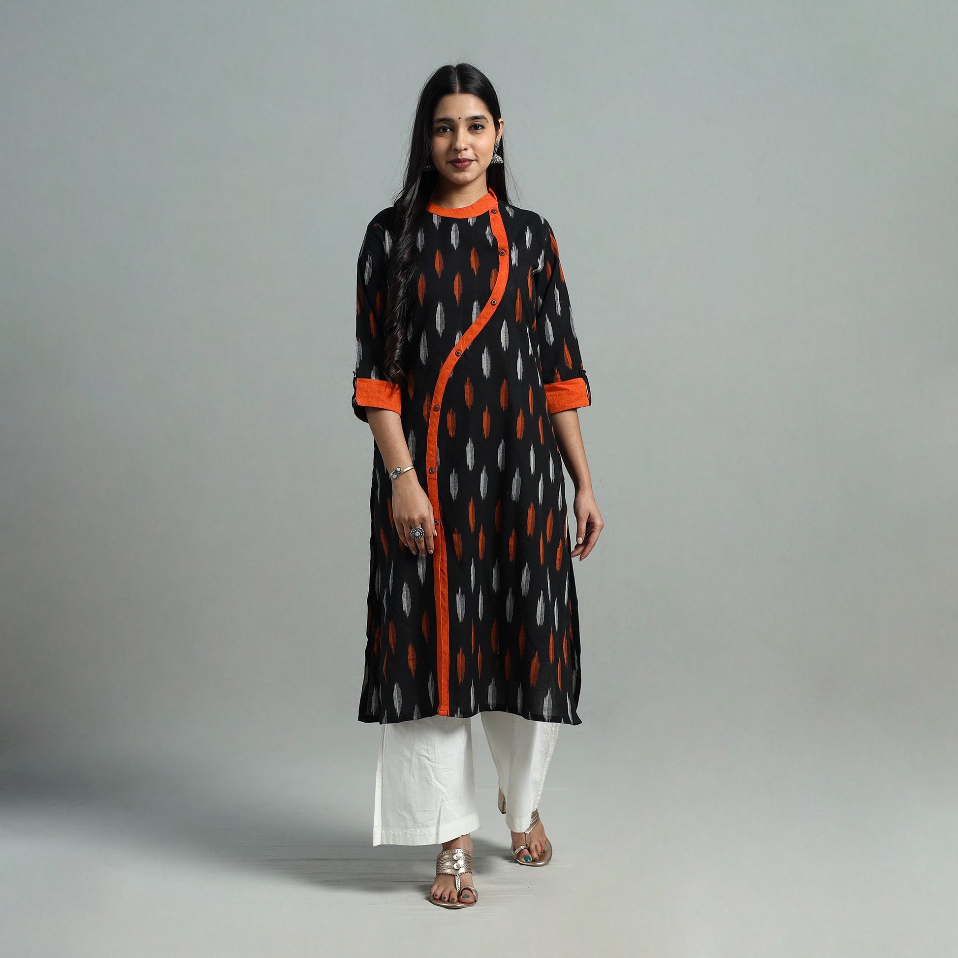 Black - Angrakha Cotton Straight Pochampally Ikat Kurta 13