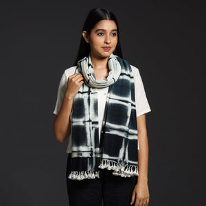 Black - Kutch Handwoven Clamp Dyed Shibori Silk x Wool Stole with Tassels