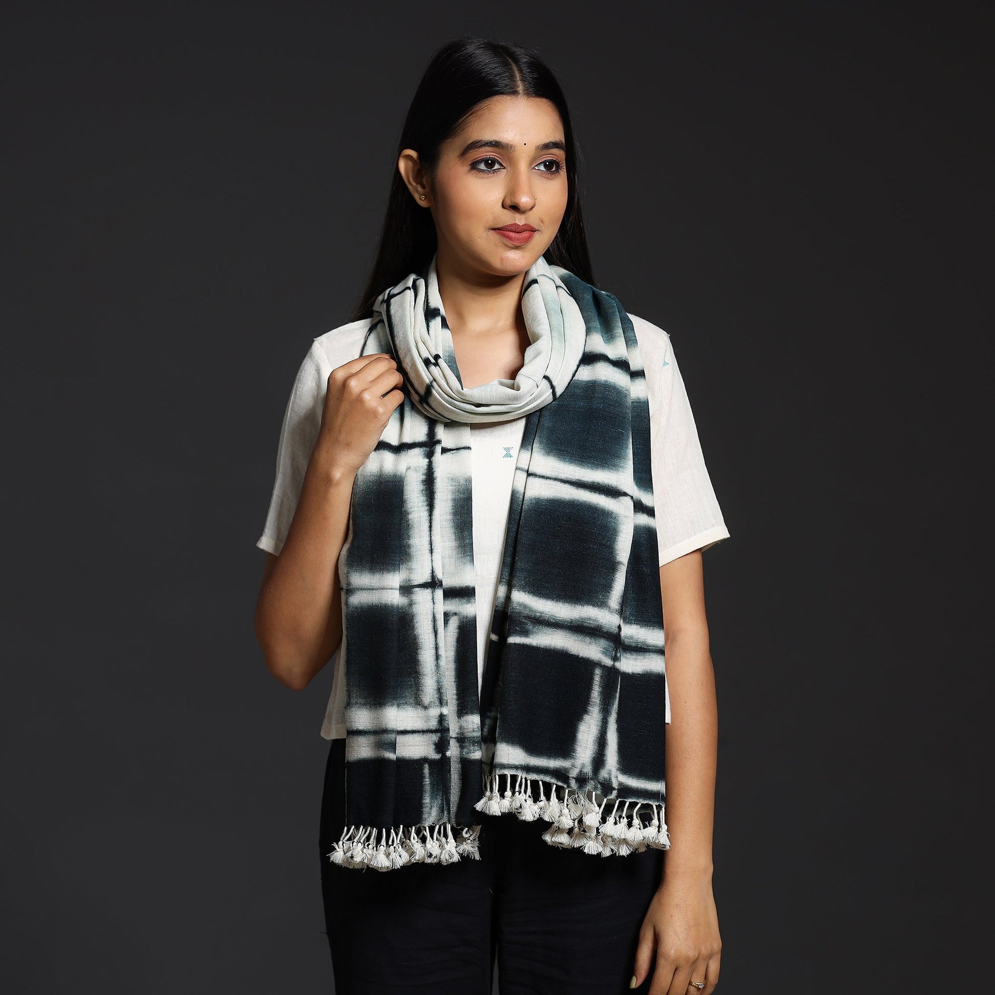Black - Kutch Handwoven Clamp Dyed Shibori Silk x Wool Stole with Tassels