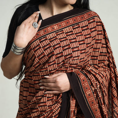 Brown - Natural Dyed Hand Block Print Cotton Ajrakh Saree