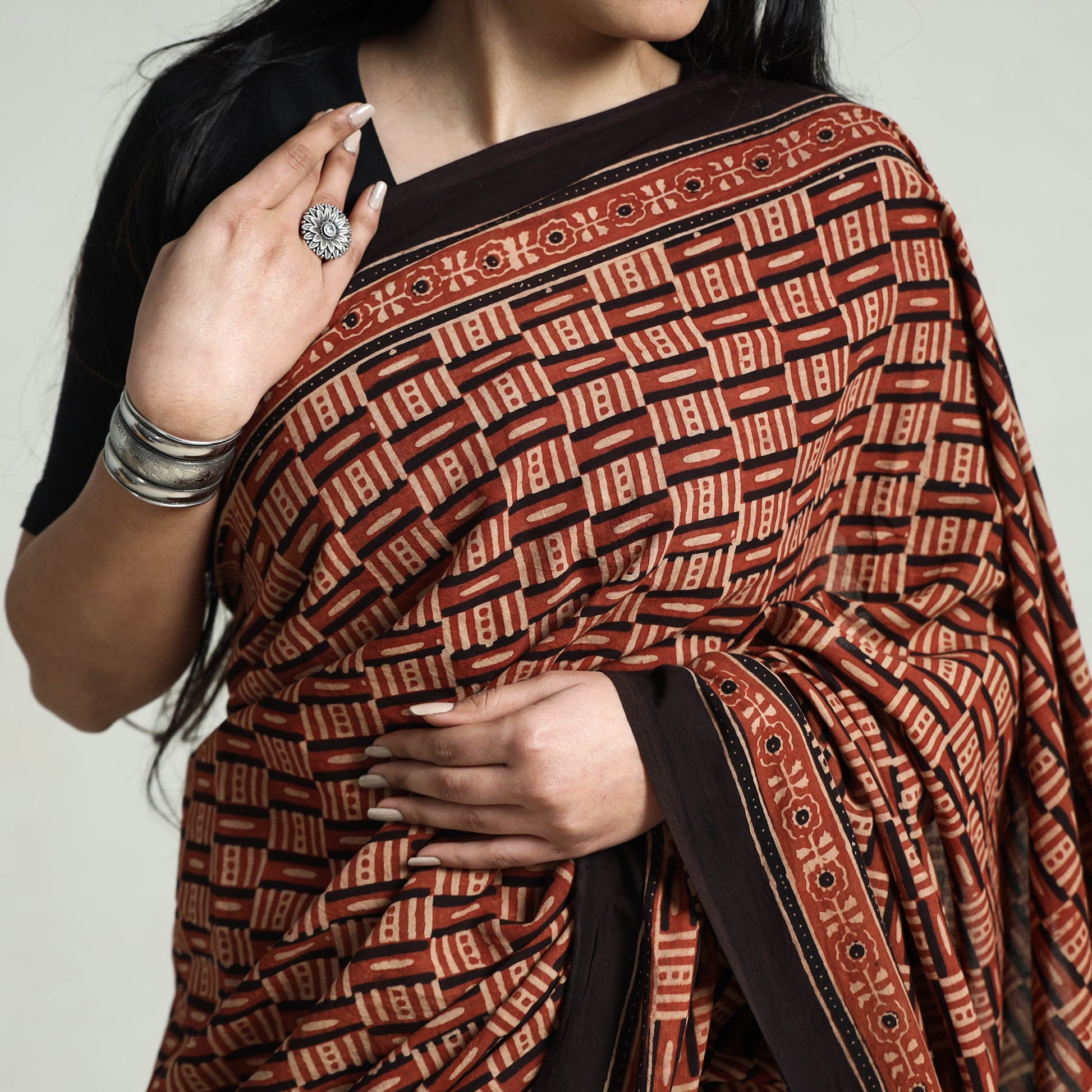 Brown - Natural Dyed Hand Block Print Cotton Ajrakh Saree