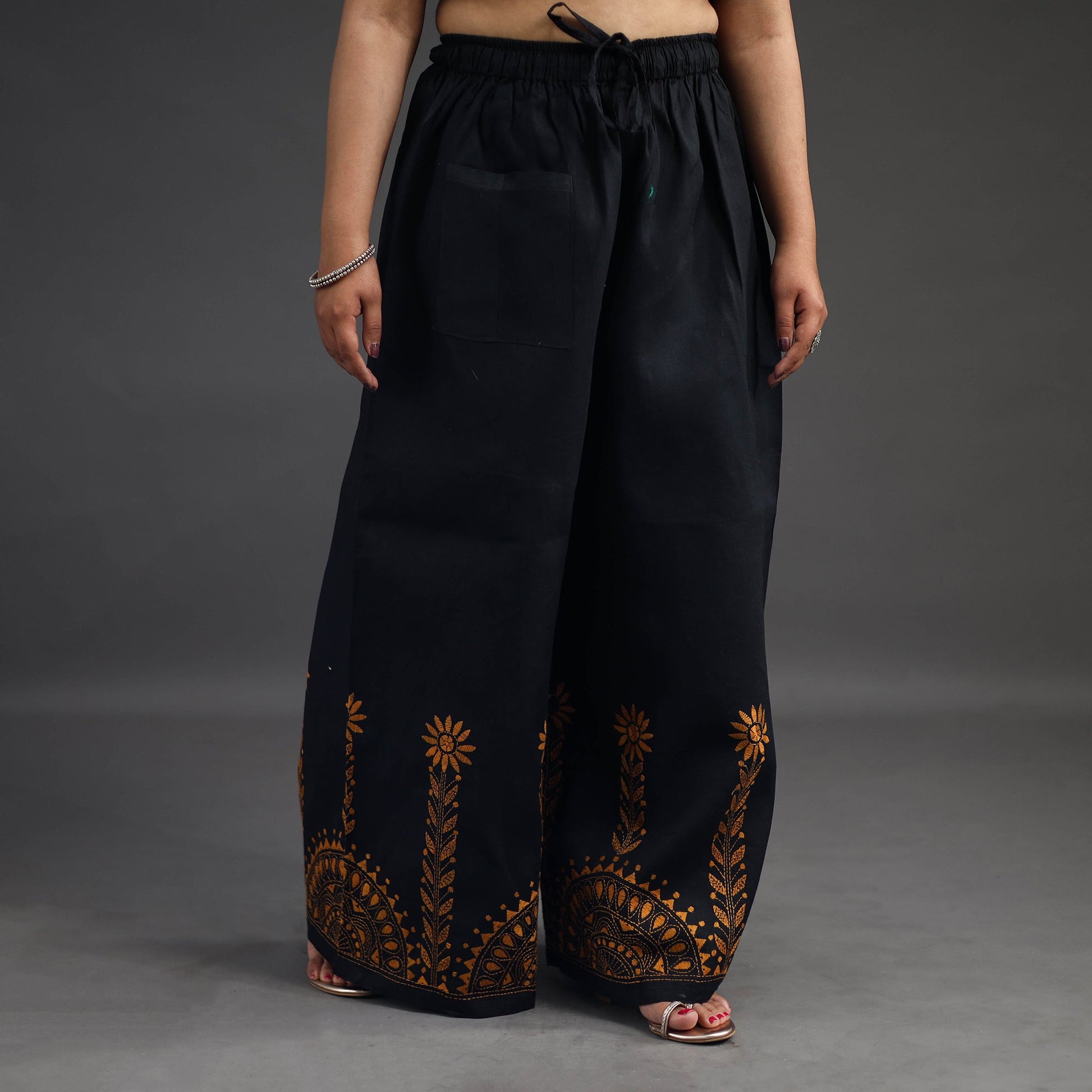Black - Kantha Hand Embroidery Palazzo in Cotton 11