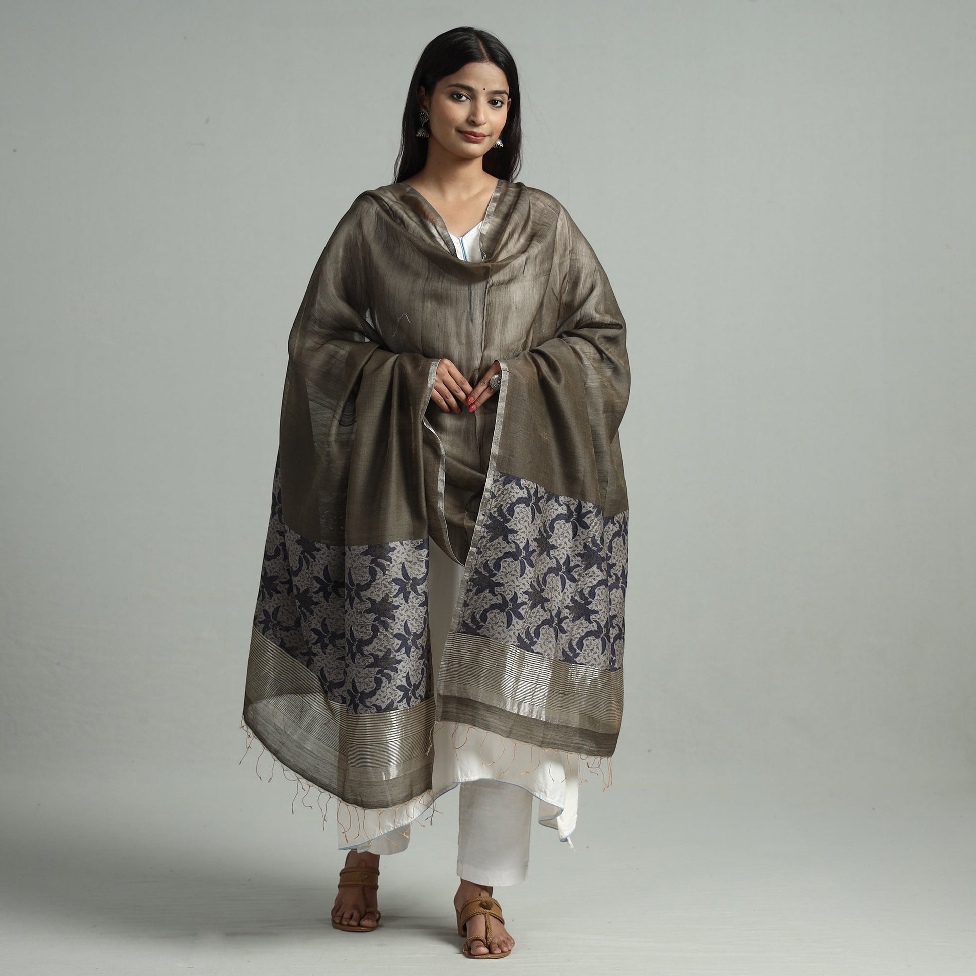 Brown - Bengal Jamdani Handloom Katan Silk Dupatta with Tassels 18