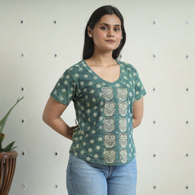 Green - Bindaas Block Art Printed Cotton Women V Neck T-shirt 16
