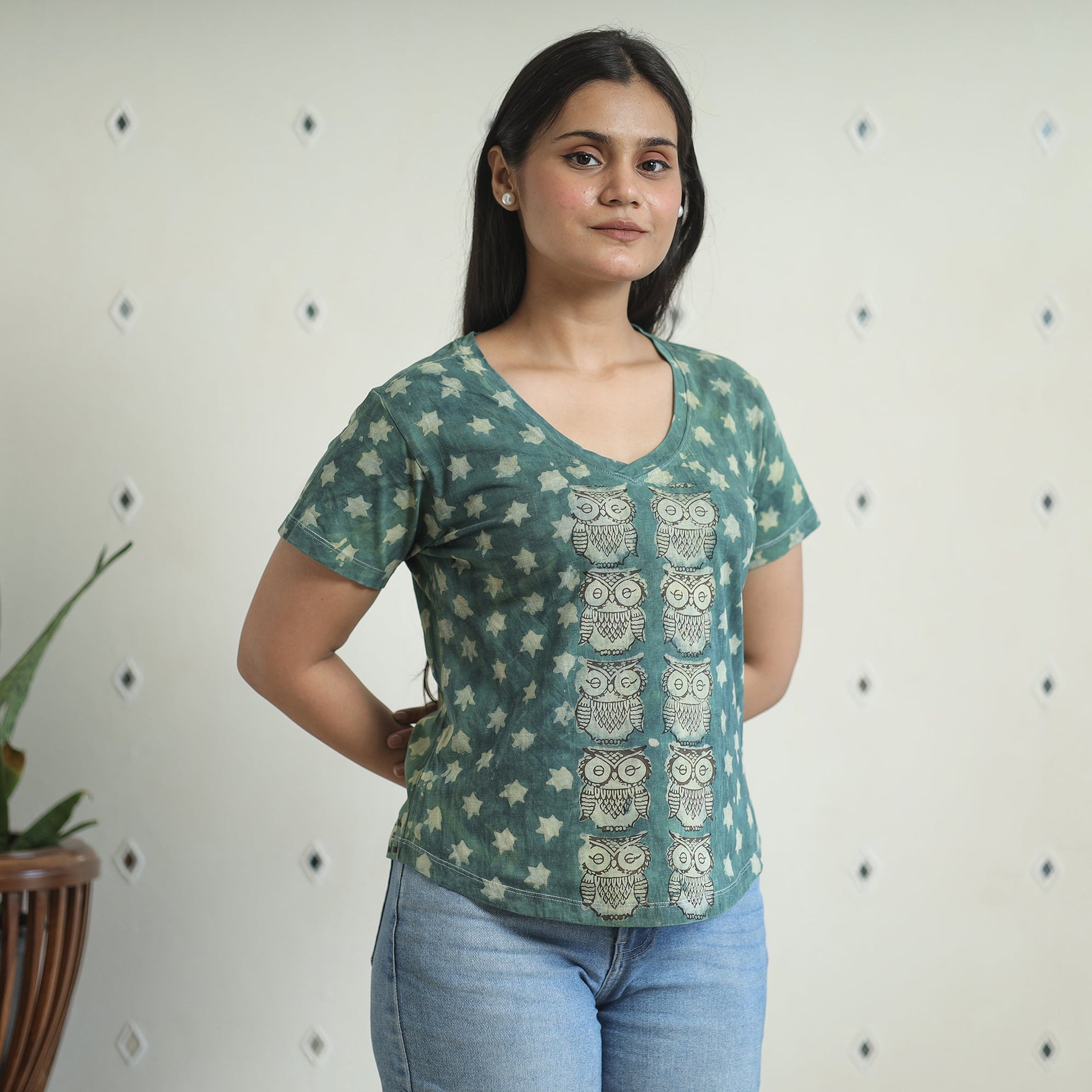 Green - Bindaas Block Art Printed Cotton Women V Neck T-shirt 16