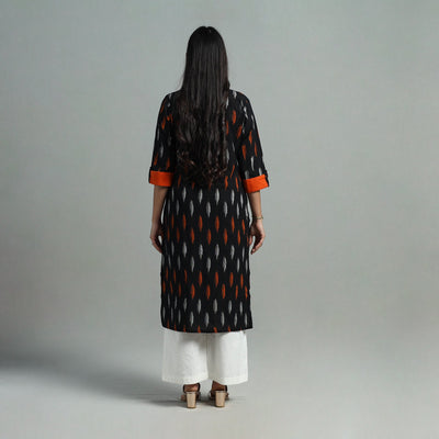 Black - Angrakha Cotton Straight Pochampally Ikat Kurta 13