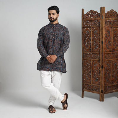 Ajrakh Block Printed Cotton Men Short Kurta 09