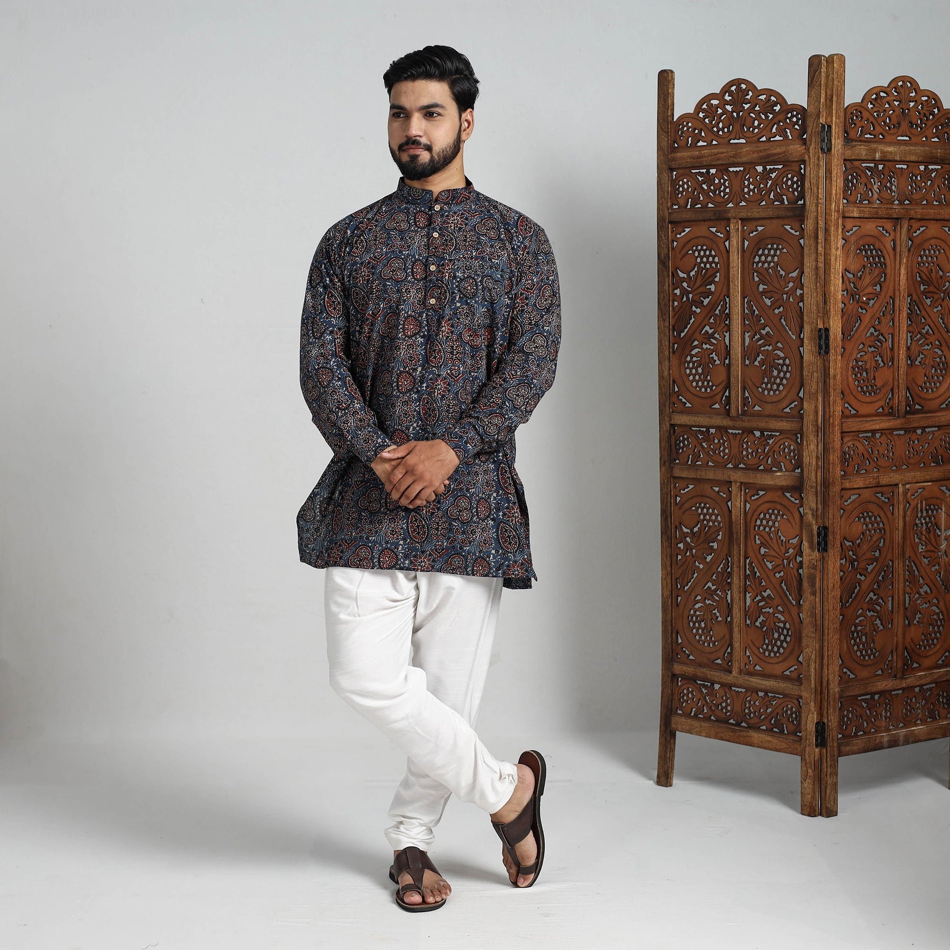 Ajrakh Block Printed Cotton Men Short Kurta 09