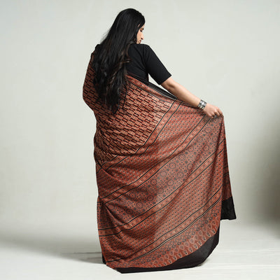 Brown - Natural Dyed Hand Block Print Cotton Ajrakh Saree