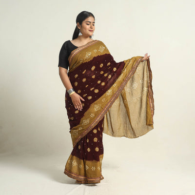 Brown - Kutch Tie-Dye Cotton Bandhani Saree with Blouse Piece 08