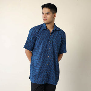 Blue - Bagh Hand Block Printed Cotton Men Half Sleeve Shirt 02