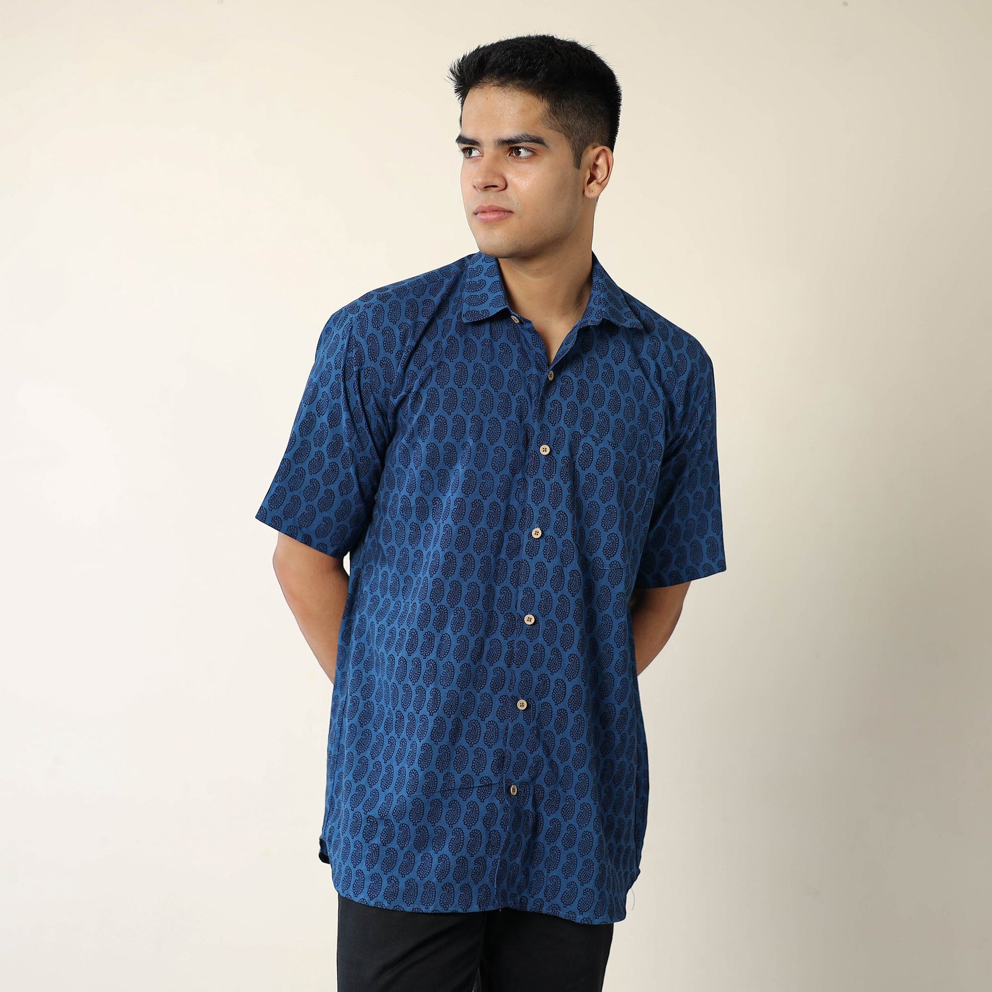 Blue - Bagh Hand Block Printed Cotton Men Half Sleeve Shirt 02