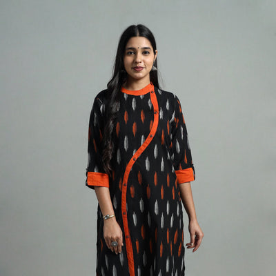 Black - Angrakha Cotton Straight Pochampally Ikat Kurta 13