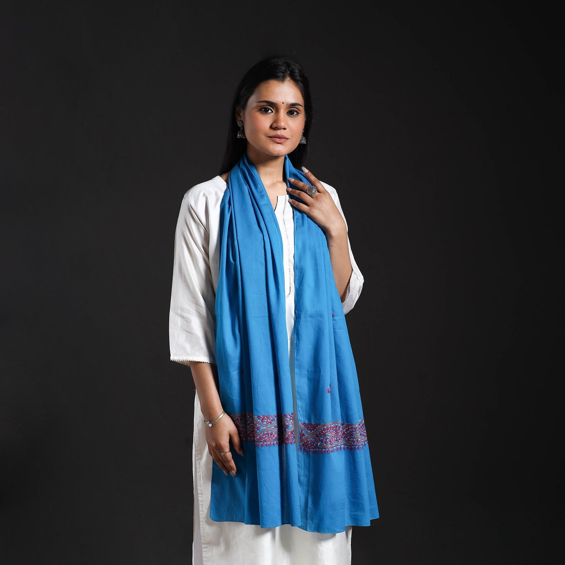 Blue - Cotton Kashida Embroidery Stole 02