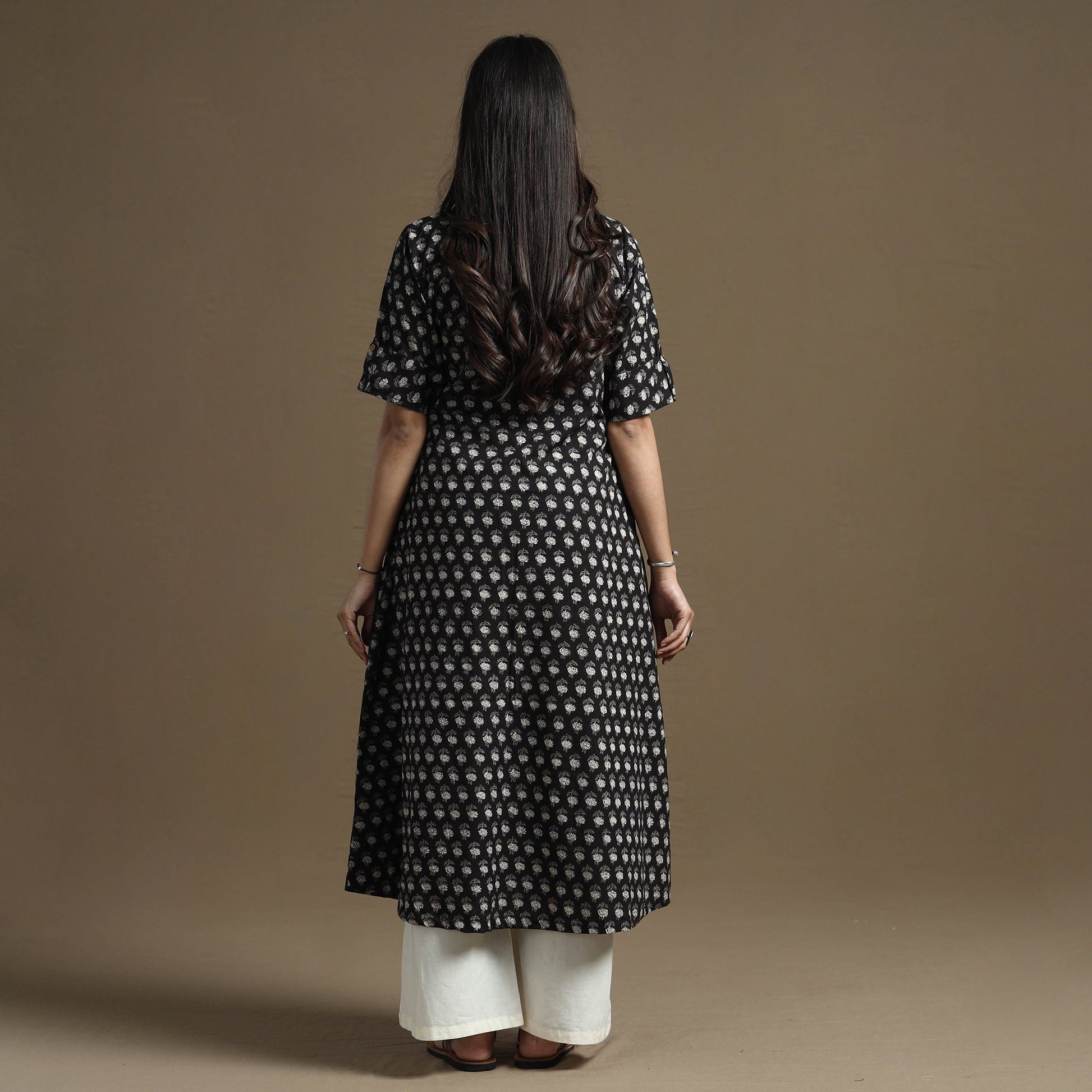 Black - Bagru Hand Block Printed Cotton A-Line Kurta