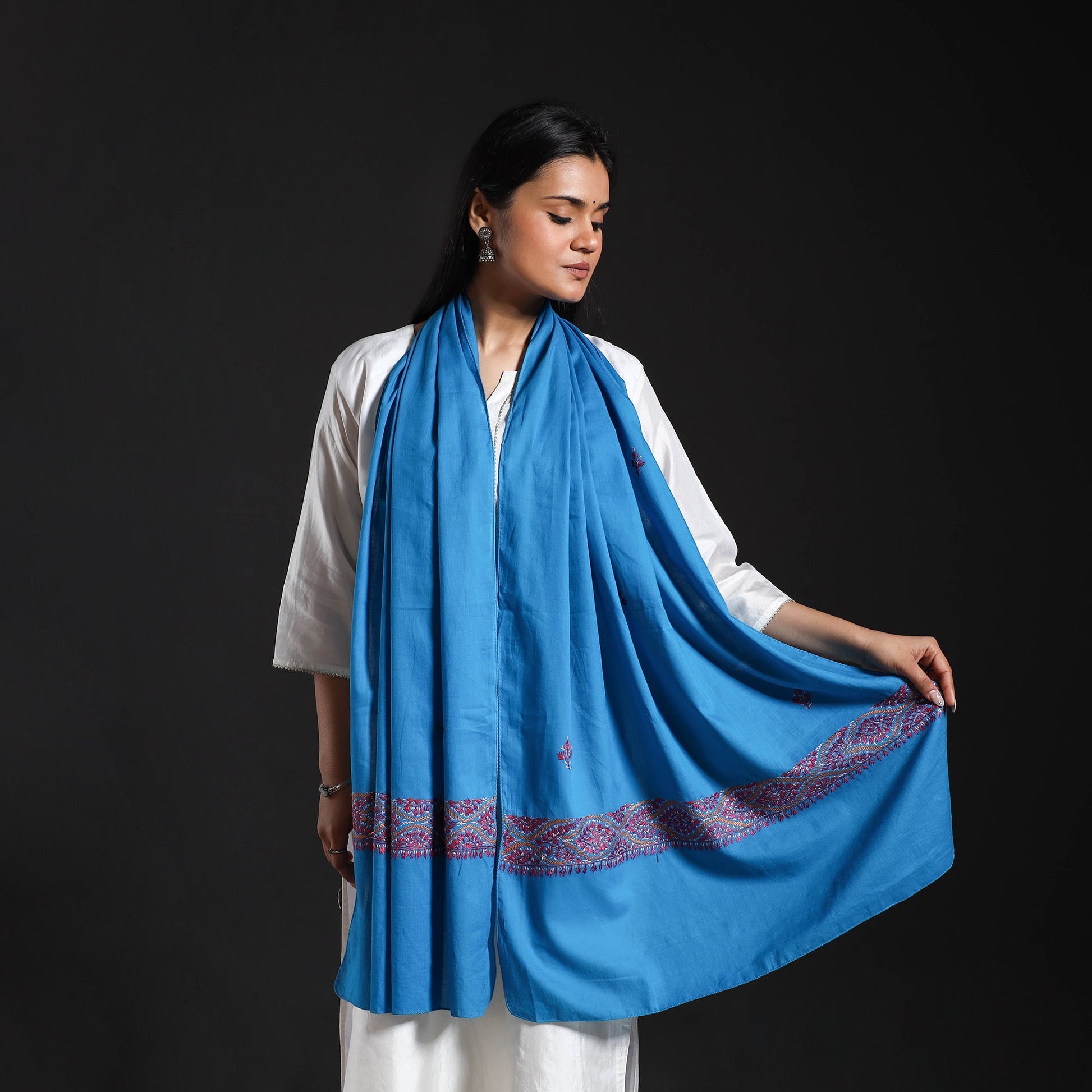 Blue - Cotton Kashida Embroidery Stole 02