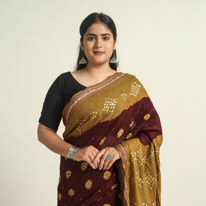 Brown - Kutch Tie-Dye Cotton Bandhani Saree with Blouse Piece 08