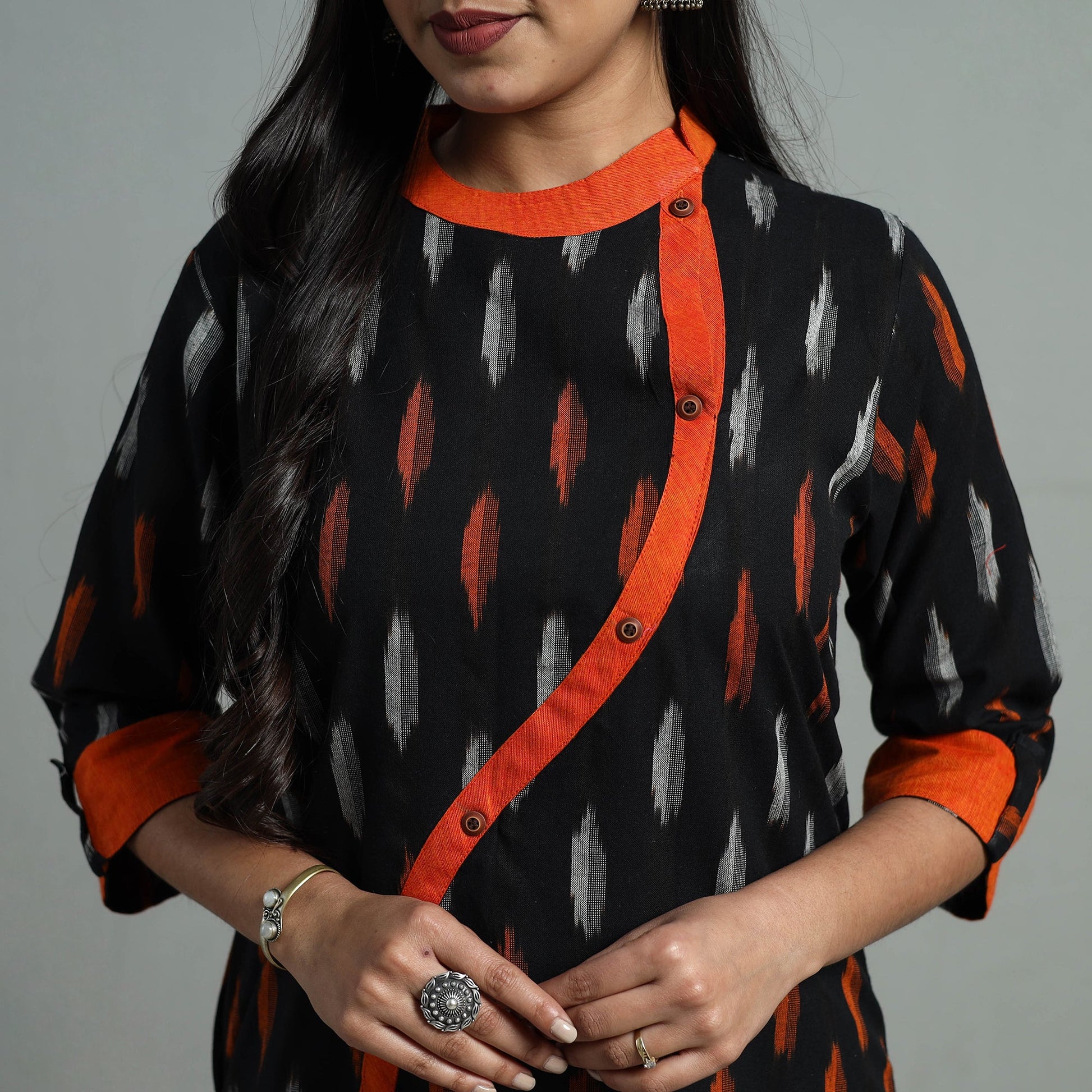 Black - Angrakha Cotton Straight Pochampally Ikat Kurta 13