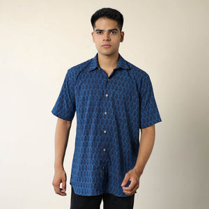 Blue - Bagh Hand Block Printed Cotton Men Half Sleeve Shirt 02