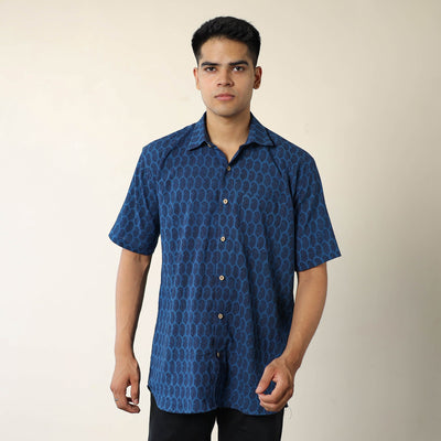 Blue - Bagh Hand Block Printed Cotton Men Half Sleeve Shirt 02