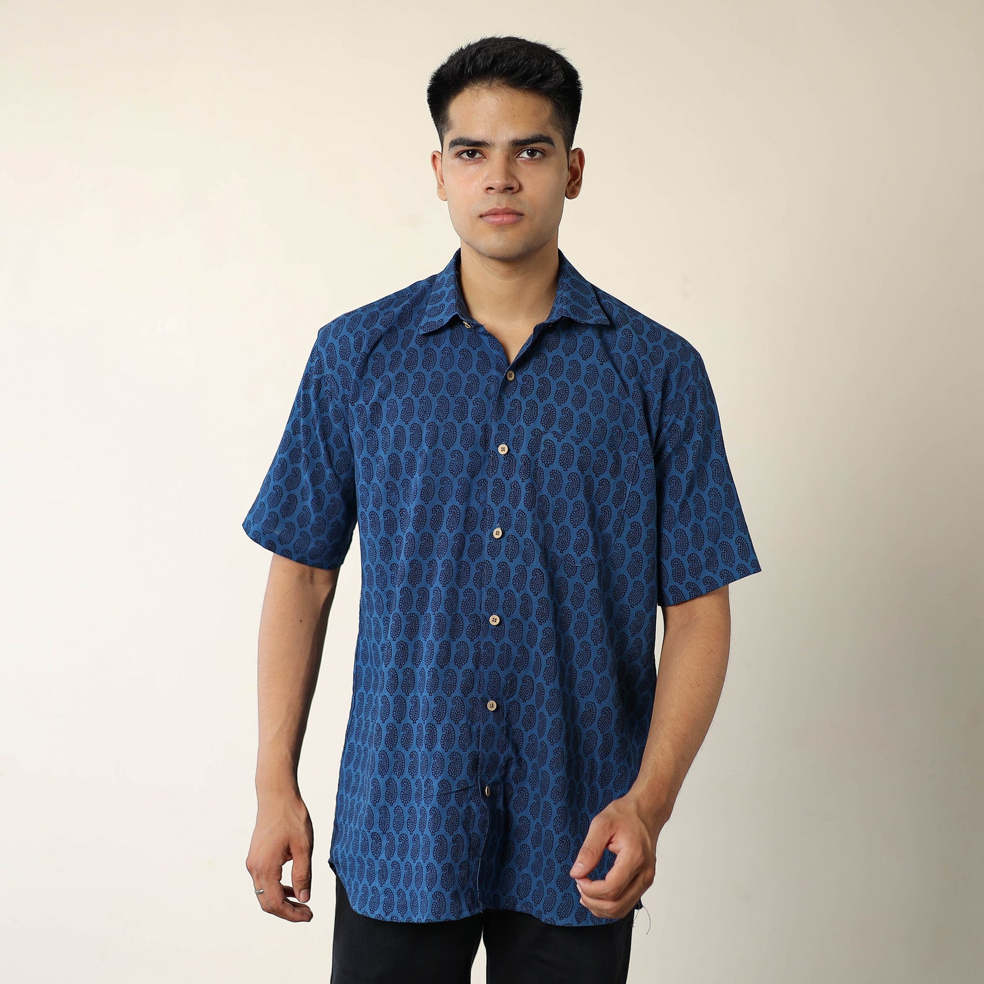 Blue - Bagh Hand Block Printed Cotton Men Half Sleeve Shirt 02