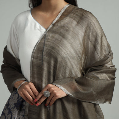Brown - Bengal Jamdani Handloom Katan Silk Dupatta with Tassels 18