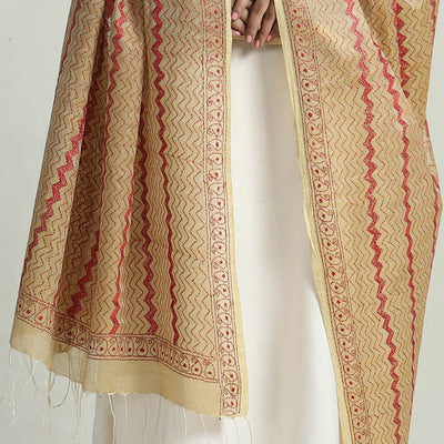 Beige - Bengal Kantha Embroidery Tussar Silk Cotton Handloom Dupatta with Tassels 23