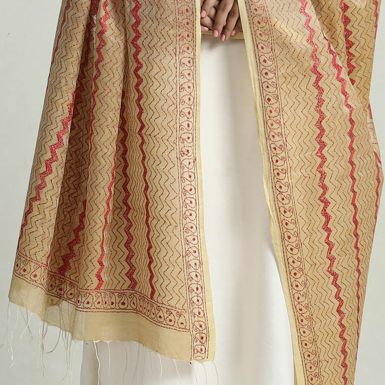 Beige - Bengal Kantha Embroidery Tussar Silk Cotton Handloom Dupatta with Tassels 23