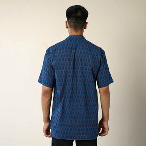 Blue - Bagh Hand Block Printed Cotton Men Half Sleeve Shirt 02