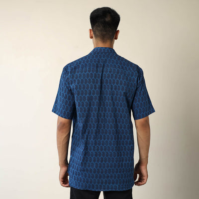 Blue - Bagh Hand Block Printed Cotton Men Half Sleeve Shirt 02
