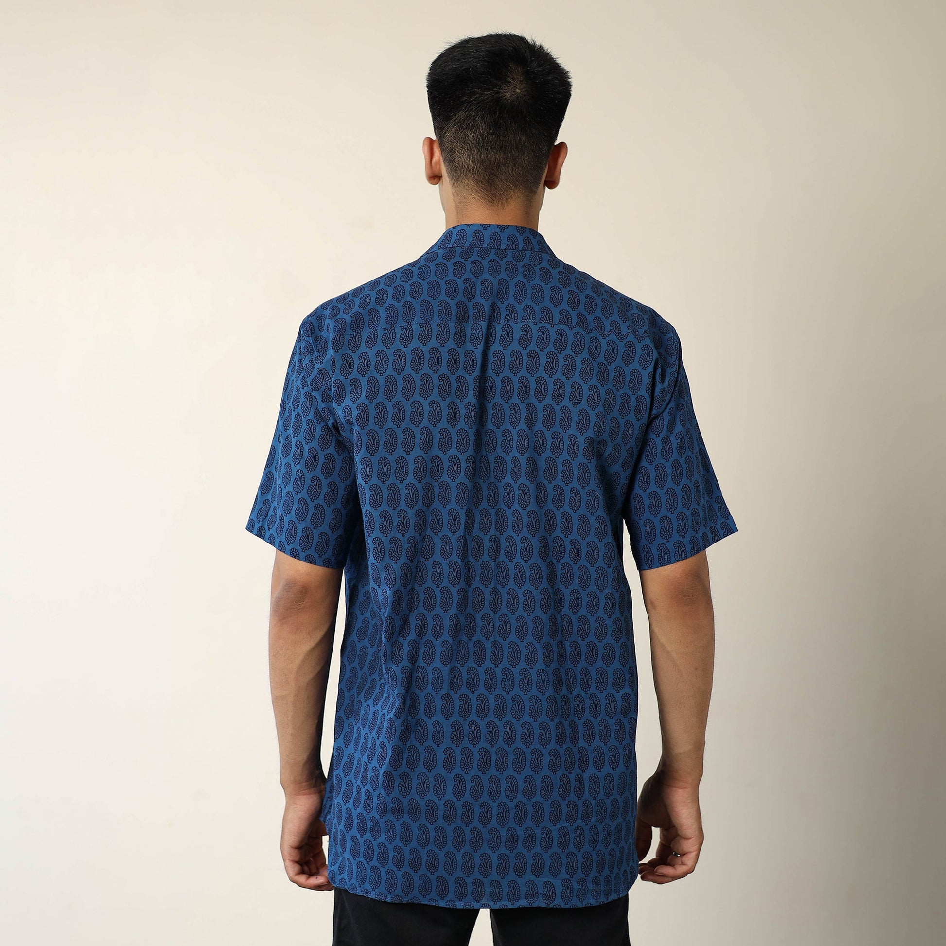 Blue - Bagh Hand Block Printed Cotton Men Half Sleeve Shirt 02